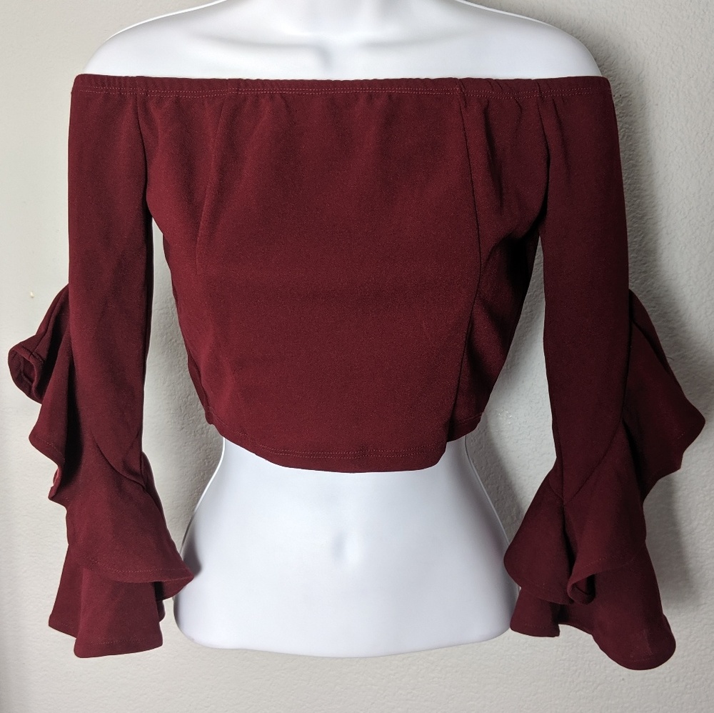 Windsor Burgundy Red Crop Top Ruffle Sleeve Blouse